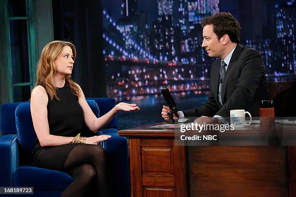 Episode 829 -- Pictured: Actress Jenna Fischer with host Jimmy Fallon during an interview on May 6, 2013 --