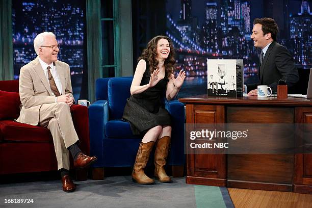 Episode 829 -- Pictured: Actor/comedian/musician Steve Martin, musician Edie Brickell and host Jimmy Fallon during an interview on May 6, 2013 --
