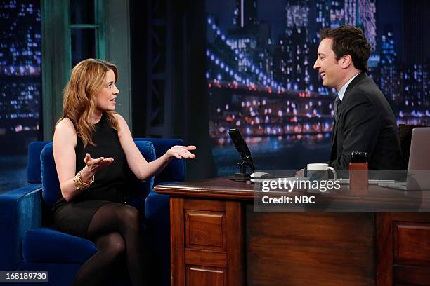 Episode 829 -- Pictured: Actress Jenna Fischer with host Jimmy Fallon during an interview on May 6, 2013 --