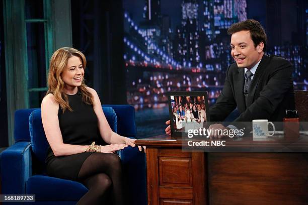 Episode 829 -- Pictured: Actress Jenna Fischer with host Jimmy Fallon during an interview on May 6, 2013 --