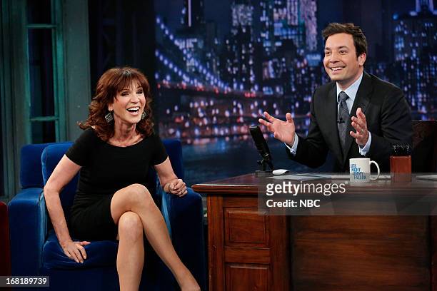 Episode 829 -- Pictured: Actress Marilu Henner with host Jimmy Fallon during an interview on May 6, 2013 --