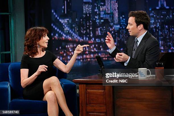 Episode 829 -- Pictured: Actress Marilu Henner with host Jimmy Fallon during an interview on May 6, 2013 --