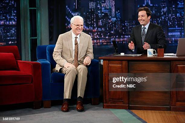 Episode 829 -- Pictured: Actor/comedian/musician Steve Martin with host Jimmy Fallon during an interview on May 6, 2013 --