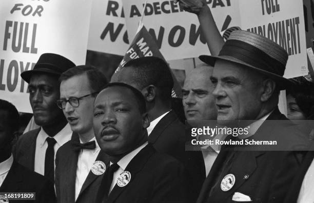 View of American Religious and Civil Rights leader Dr Martin Luther King Jr at the March on Washington for Jobs and Freedom, where he would deliver...