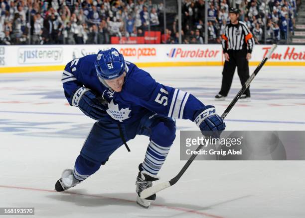 Jake Gardiner of the Toronto Maple Leafs celebrates a second period goal in Game Three of the Eastern Conference Quarterfinals against the Boston...