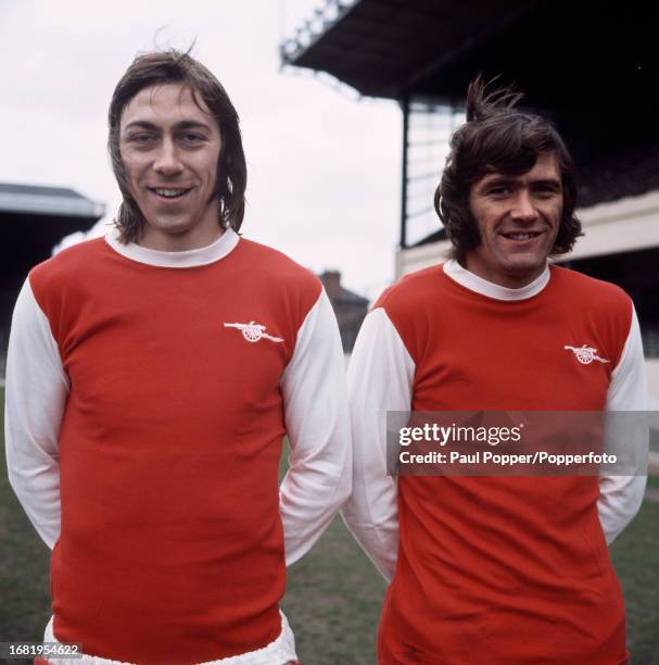 Arsenal footballers Charlie George and Peter Simpson at Highbury Stadium in London, England, circa January 1972.