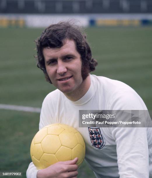 Chelsea footballer Peter Osgood wearing his England kit while at Stamford Bridge in London, England, circa February 1970.