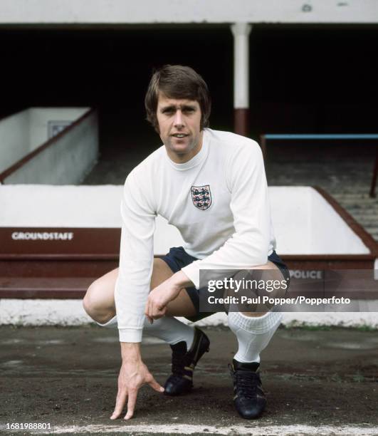 West Ham United footballer Geoff Hurst wearing his England kit while at Upton Park in London, England, circa 1969.