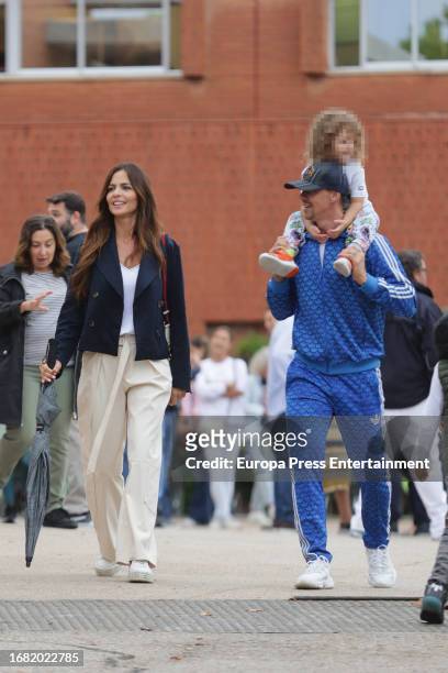 Romina Belluscio and Guti are seen on the first day of school after summer break on September 4, 2023 in Madrid, Spain.