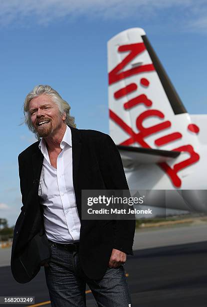 Sir Richard Branson talks to the media at Perth Airport on May 7, 2013 in Perth, Australia. Virgin Australia purchased Perth-based regional airline,...