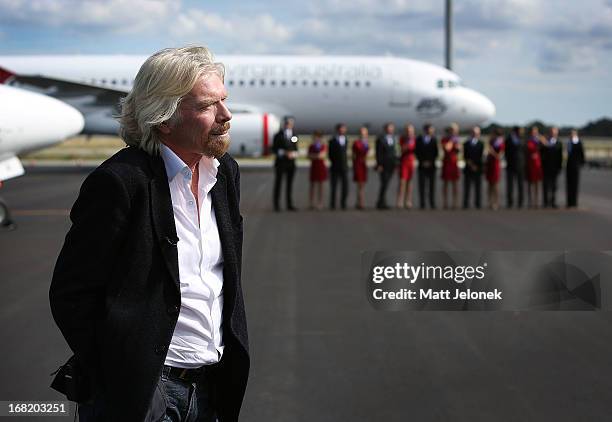 Sir Richard Branson talks to the media at Perth Airport on May 7, 2013 in Perth, Australia. Virgin Australia purchased Perth-based regional airline,...