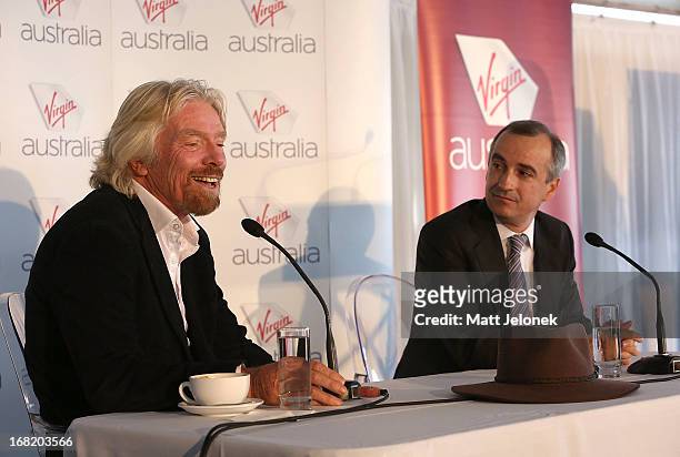 Sir Richard Branson and Virgin CEO John Borghetti speak at a press conference at Perth Airport on May 7, 2013 in Perth, Australia. Virgin Australia...