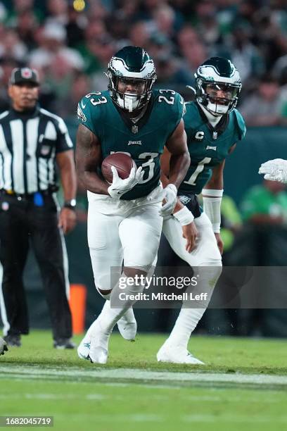 Rashaad Penny of the Philadelphia Eagles runs the ball against the Minnesota Vikings at Lincoln Financial Field on September 14, 2023 in...