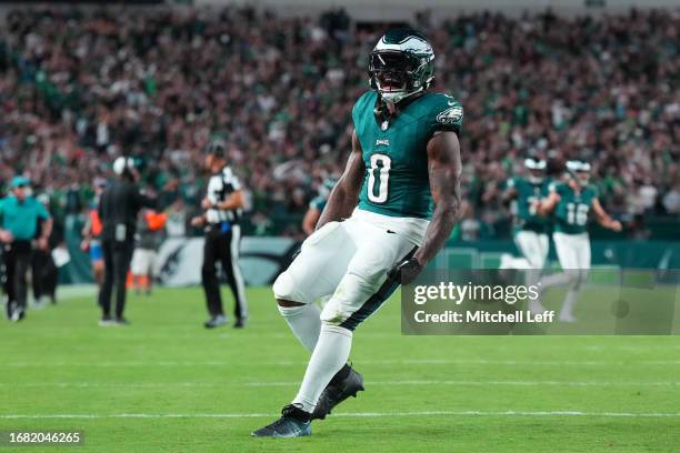 Andre Swift of the Philadelphia Eagles reacts against the Minnesota Vikings at Lincoln Financial Field on September 14, 2023 in Philadelphia,...