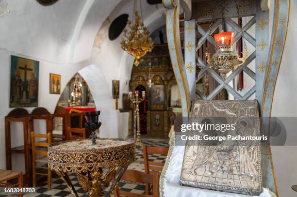 icon in a greek orthodox church - ikaria island stock pictures, royalty-free photos & images