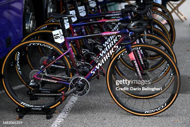 Detail view of Team SD Worx's Specialized bike prior to the 2nd Tour de Romandie Feminin 2023, Stage 1 a 144.1km stage from Yverdon-les-Bains to...