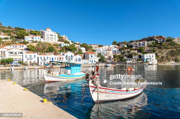 fishing boats on evdilos, ikaria, greece - ikaria island stock pictures, royalty-free photos & images
