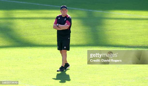 Warren Gatland, the Wales head coach, looks on during the Wales captain's run ahead of their Rugby World Cup France 2023 match against Portugal at...