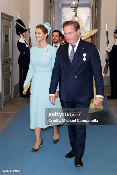 Princess Madeleine of Sweden and Christopher O'Neil arrive for the Te Deum during the celebration of the 50th coronation anniversary of King Carl...