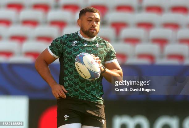 Taulupe Faletau looks on during the Wales training session ahead of their Rugby World Cup France 2023 match against Portugal at Stade de Nice on...