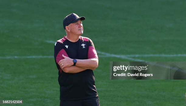 Warren Gatland, the Wales head coach, looks on during the Wales captain's run ahead of their Rugby World Cup France 2023 match against Portugal at...