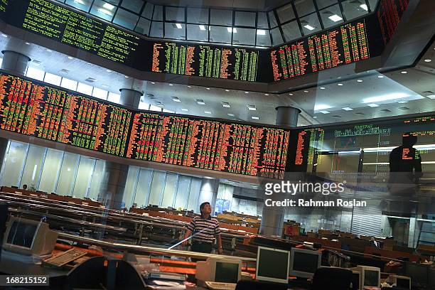 An investor monitors the stock prices displayed on the Kuala Lumpur Composite Index at the RHB Investment Bank trading gallery on May 7, 2013 in...