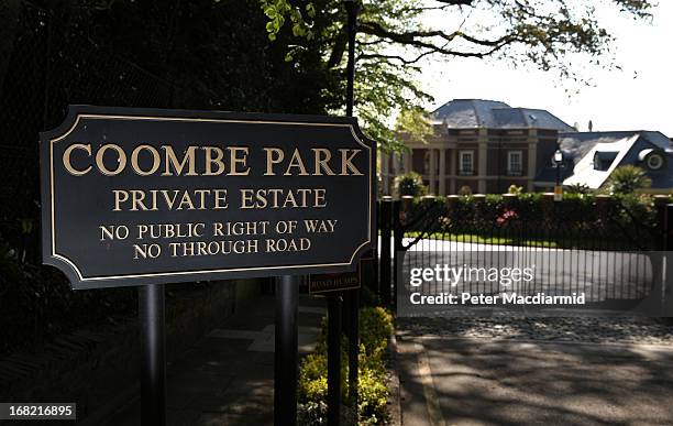 Sign marks the entrance to The Coombe Park estate where Jimmy Tarbuck has a house on May 7, 2013 in Kingston upon Thames, England. British...