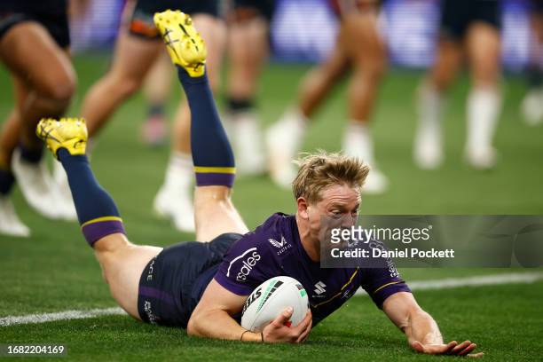Tyran Wishart of the Storm scores a try during the NRL Semi Final match between Melbourne Storm and the Sydney Roosters at AAMI Park on September 15,...