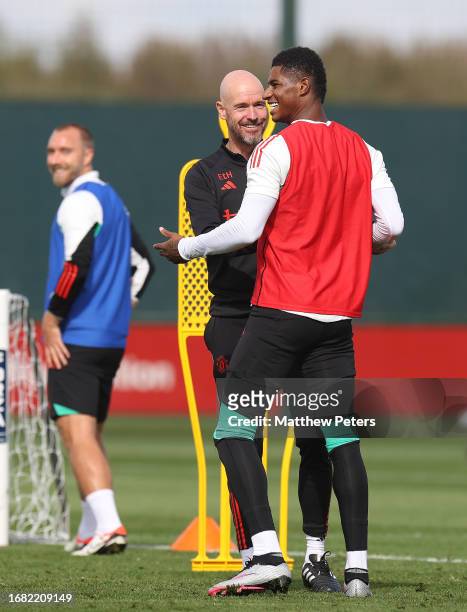 Manager Erik ten Hag of Manchester United in action during a first team training session at Carrington Training Ground on September 14, 2023 in...