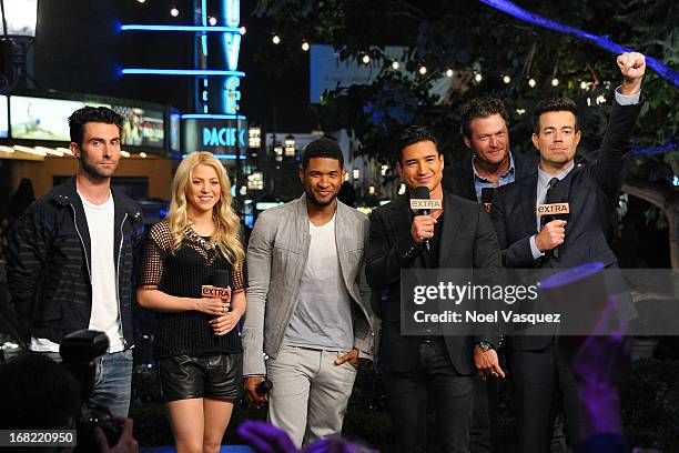 Adam Levine, Shakira, Usher, Mario Lopez, Blake Shelton and Carson Daly visit "Extra" at The Grove on May 6, 2013 in Los Angeles, California.