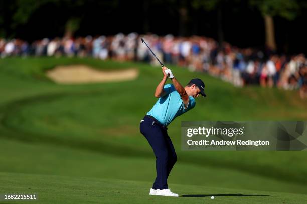 Justin Rose of England plays his second shot on the 1st hole on Day Two of the BMW PGA Championship at Wentworth Golf Club on September 15, 2023 in...