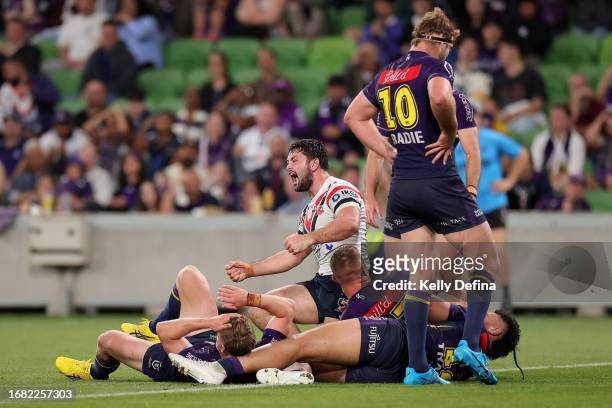 Brandon Smith of Roosters scores a try during the NRL Semi Final match between Melbourne Storm and the Sydney Roosters at AAMI Park on September 15,...