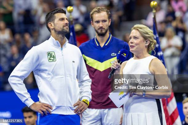 September 10: Journalist Chris McKendry of ESPN interviews Novak Djokovic of Serbia, during on-court interviews after his victory against Daniil...