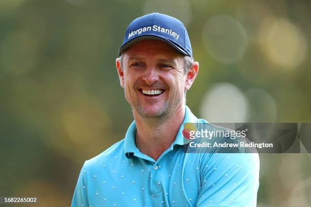 Justin Rose of England smiles on the 3rd tee on Day Two of the BMW PGA Championship at Wentworth Golf Club on September 15, 2023 in Virginia Water,...