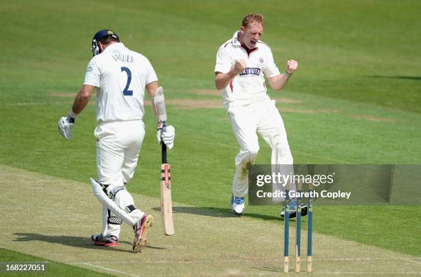 Steve Kirby of Somerset celebrates dismissing Phil Jaques of Yorkshire during day one of the LV County Championship Division One match between...