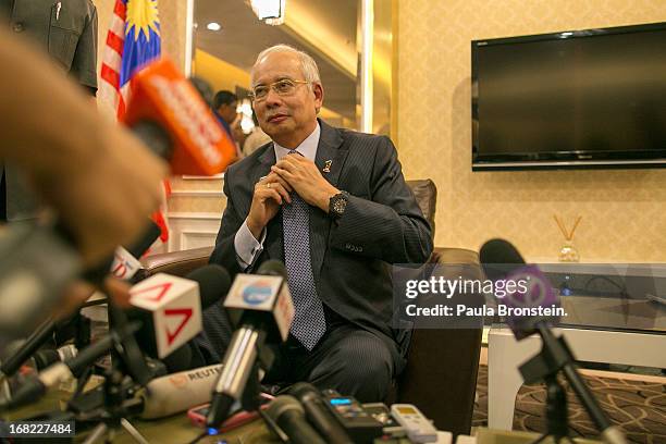 Malaysia's Prime Minister and Barisan Nasional chairman, Najib Razak speaks to the media about the election for the first time since Sunday’s vote on...