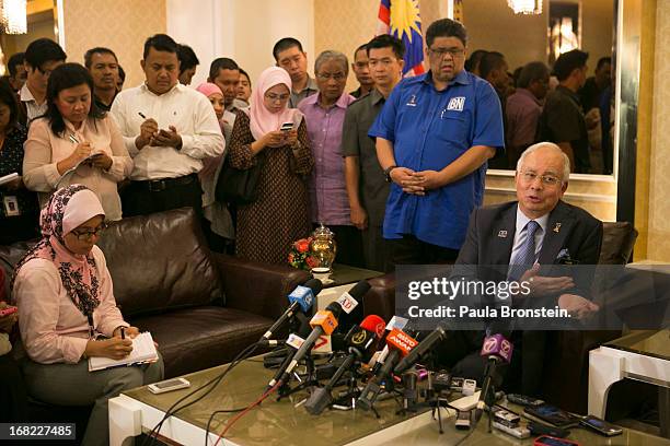 Malaysia's Prime Minister and Barisan Nasional chairman, Najib Razak speaks to the media about the election for the first time since Sunday’s vote on...