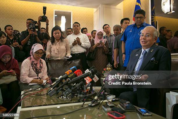 Malaysia's Prime Minister and Barisan Nasional chairman, Najib Razak speaks to the media about the election for the first time since Sunday’s vote on...