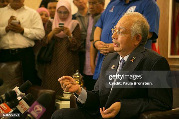 Malaysia's Prime Minister and Barisan Nasional chairman, Najib Razak speaks to the media about the election for the first time since Sunday’s vote on...