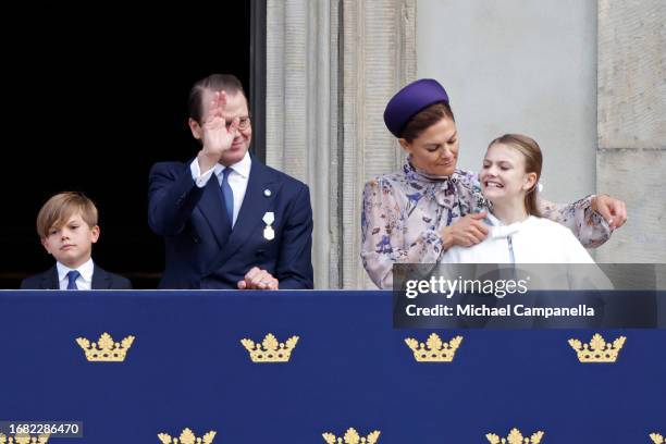 Prince Oscar of Sweden, Prince Daniel of Sweden, Crown Princess Victoria of Sweden and Princess Estelle of Sweden watch from the balcon during the...