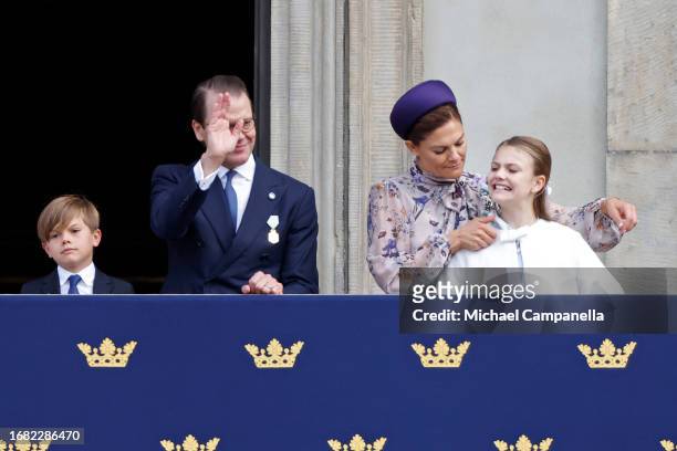 Prince Oscar of Sweden, Prince Daniel of Sweden, Crown Princess Victoria of Sweden and Princess Estelle of Sweden watch from the balcon during the...