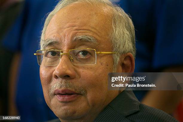 Malaysia's Prime Minister and Barisan Nasional chairman, Najib Razak speaks to the media about the election for the first time since Sunday’s vote on...