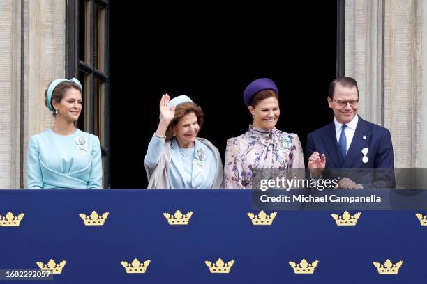 Princess Madeleine of Sweden, Queen Silvia of Sweden, Crown Princess Victoria of Sweden and Prince Daniel of Sweden watch from the balcony during the...