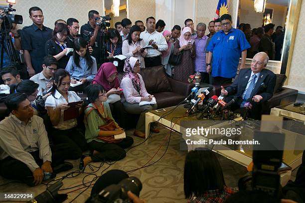 Malaysia's Prime Minister and Barisan Nasional chairman, Najib Razak speaks to the media about the election for the first time since Sunday’s vote on...