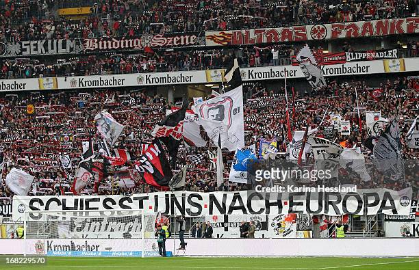 Fans of Frankfurt with Flags during the Bundesliga match between Eintracht Frankfurt and Fortuna Duesseldorf 1895 at Commerzbank-Arena on May 4, 2013...