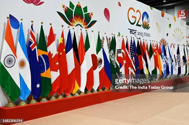 New Delhi, India – September 10: Participating country's flags at International Media Centre near the Bharat Mandapam, Pragati Maidan during the G20...