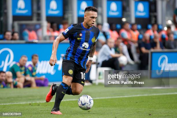 Lautaro Martinez dribbles in front court in the first half during the soccer game between FC Inter vs Fiorentina - Serie A Tim 2023/2024 day 3 at San...