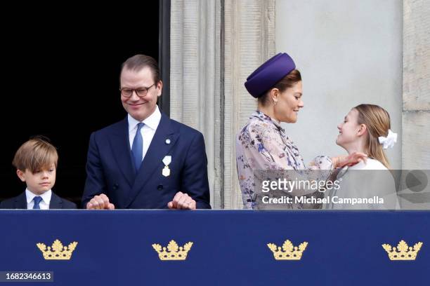 Prince Oscar of Sweden, Prince Daniel of Sweden, Crown Princess Victoria of Sweden and Princess Estelle of Sweden watch from the balcony during the...