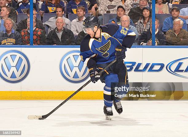 Alex Pietrangelo of the St. Louis Blues handles the puck against the Los Angeles Kings in Game Two of the Western Conference Quarterfinals during the...