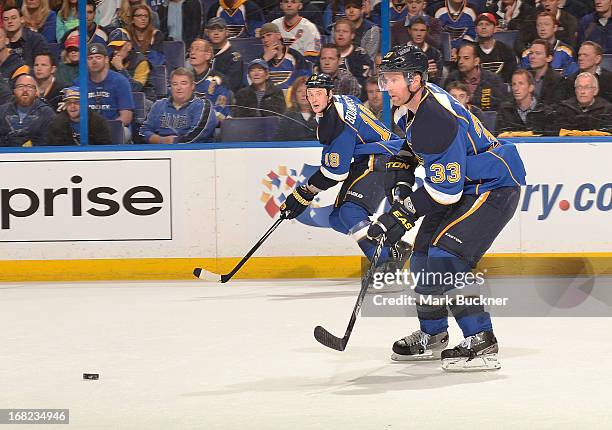 Jordan Leopold of the St. Louis Blues handles the puck against the Los Angeles Kings in Game Two of the Western Conference Quarterfinals during the...